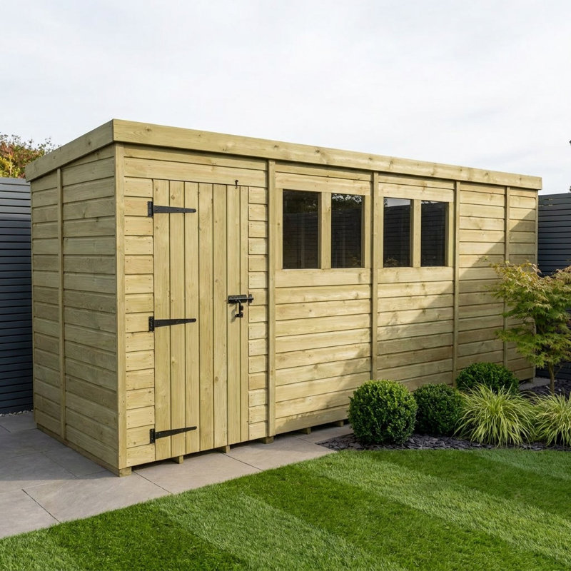 Total Sheds 17ft x 5ft Pent Garden Shed - Single Door - With Windows - Pressure Treated Timber - UK Manufactured