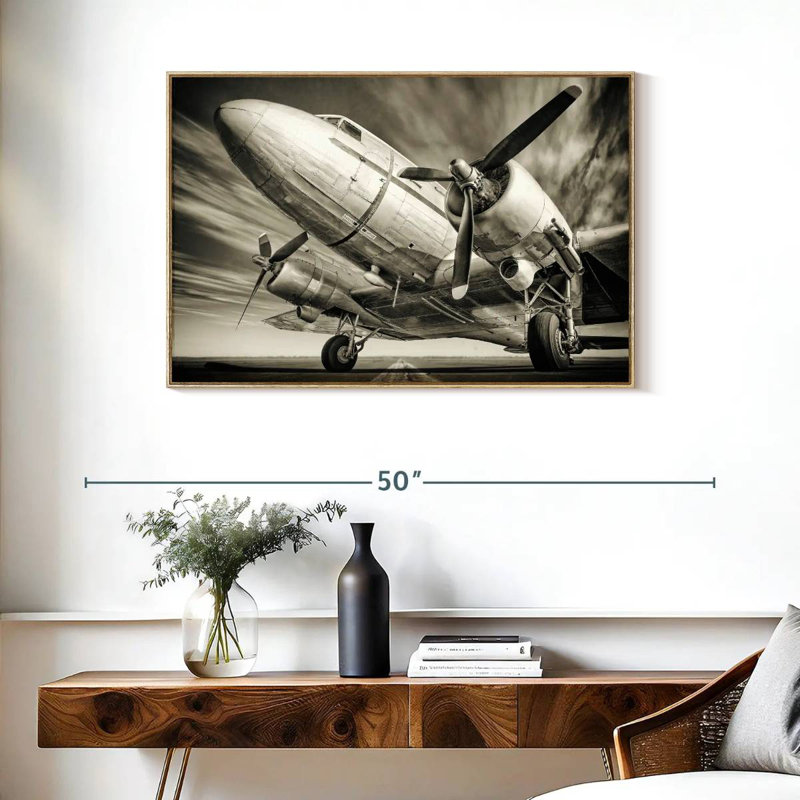 Avion rétro monochrome, Cadre flottant en bois naturel, 37 po x 25 po