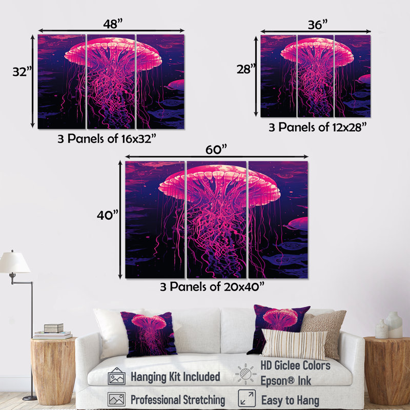 Revilla - Ensemble de décoration murale méduse, Toile tendue, H 28 po x l 36 po x P 1 po