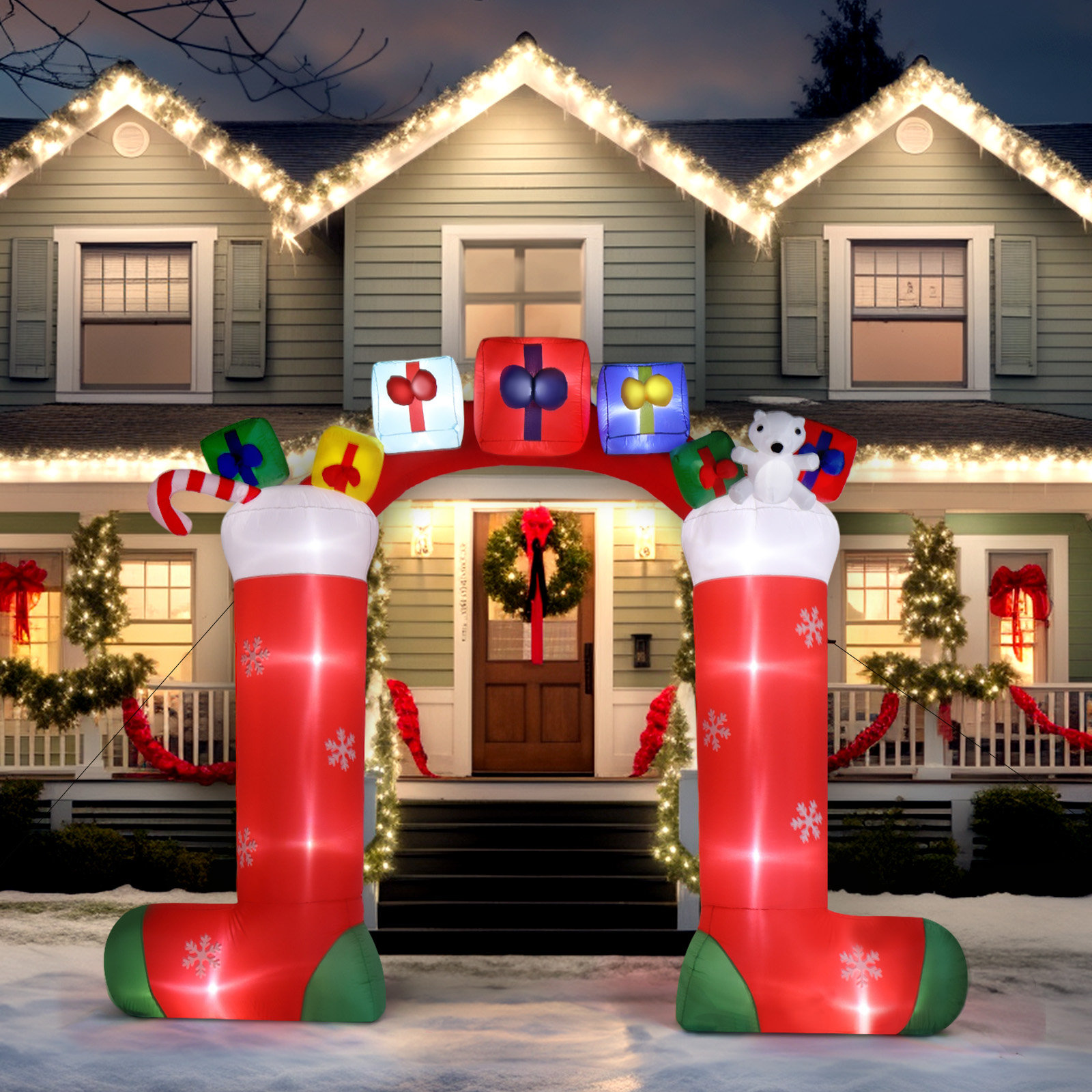 The Holiday Aisle® 9 ft. Sock Arch Christmas Inflatable with LED Lights ...