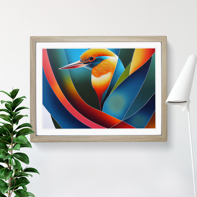 Legendary Kingfisher Bird Abstract 1 Piece Single Picture Frame Wall Art, 34cm H x 46cm W x 2cm D, Oak Framed