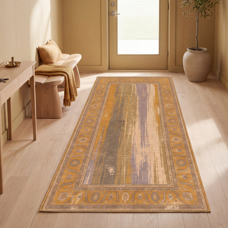 Tapis Meadow2 moderne à l'aspect vieilli, motif aquarelle abstrait or, vert et gris, lavable à la machine, antidérapant, à poils courts, pour l'intérieur et l'extérieur, adapté aux animaux domestiques, idéal pour le salon, la chambre, la salle à manger, l'entrée, le couloir ou le bureau.