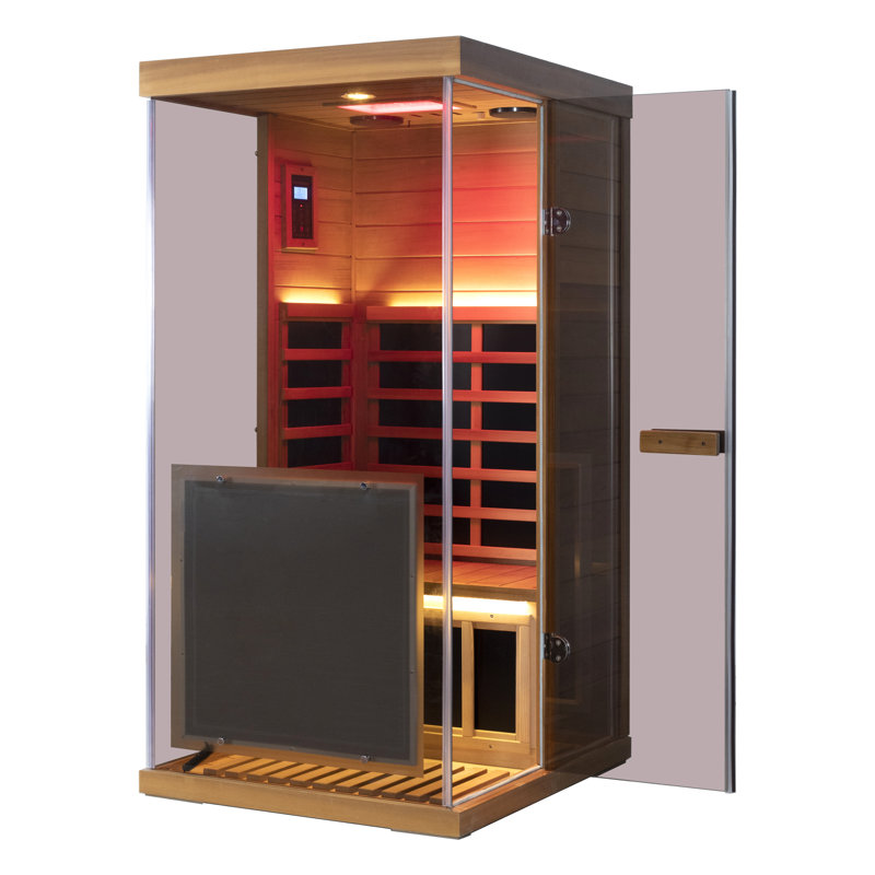 Wizzisaunas 1-Person Far Infrared Wooden Sauna For Home, With 3-Sided Tempered Glass, Red and Blue Light Therapy, Remote Temperature Control Via App, Built-In Bluetooth Speaker, Red Cedar Wood