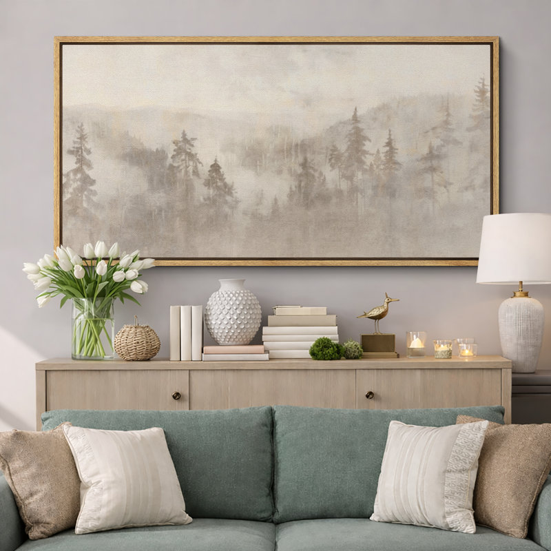 «Woodland Forest Landscape Misty Forest Soft Neutral Landscape Illustration Modern Large Large Canvas Art, art mural»