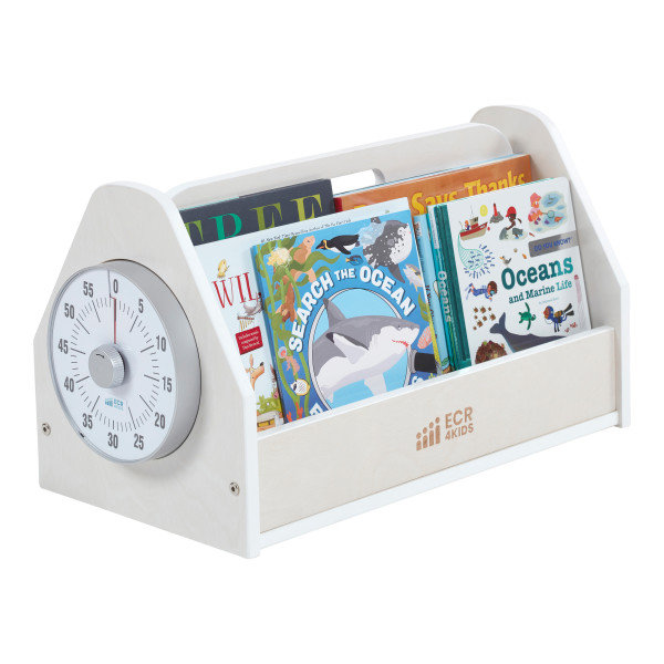 ECR4Kids Double-Sided Book Caddy with Countdown Timer, Portable Library, White Wash