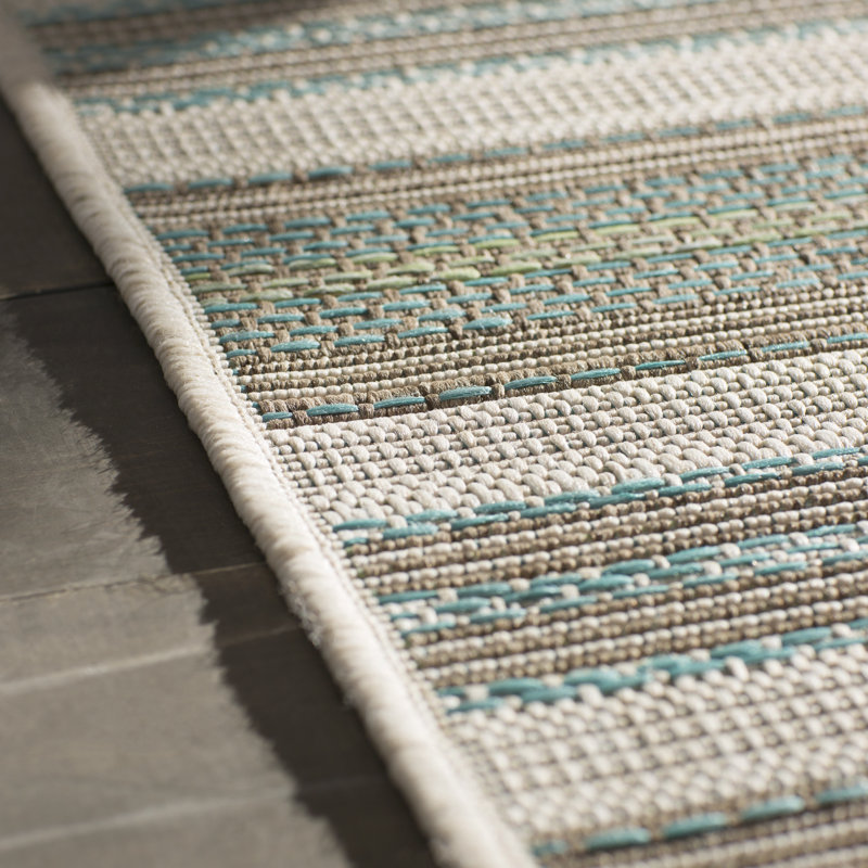 Broddrick Striped Blue Mist Ivory Flatweave Indoor Outdoor Performance Area Rug, Rectangle 3'9" x 5'5"