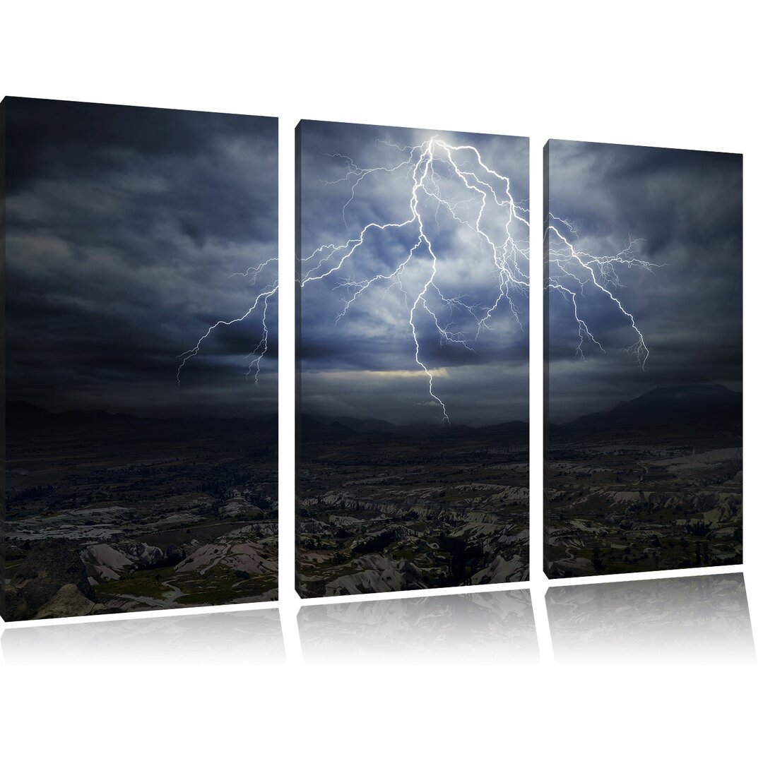 3-tlg. Leinwandbilder-Set „Anmutiges Gewitter über Gebirge“, Grafikdruck