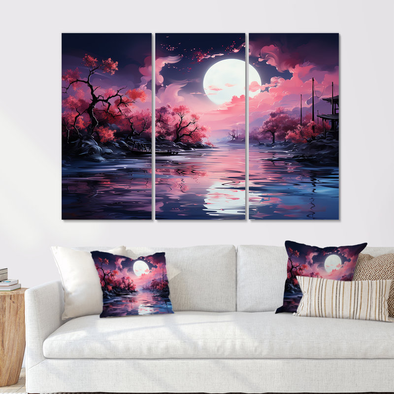 Pleine lune, ciel rose, ensemble de décorations murales lac Cherry Blossom, Toile tendue, H 40 po x l 60 po x P 1 po