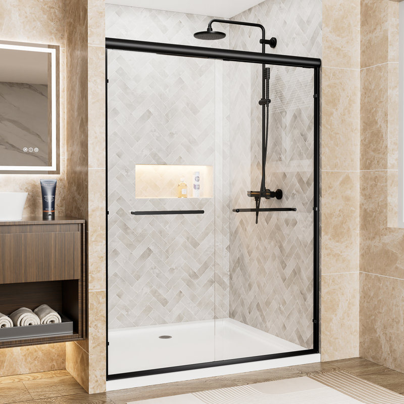 56-60"W x 72"H Framed Double Sliding Door 1/4" Clear Tempered Glass with Safety Film Matte Black Hardware, Matte Black, Clear
