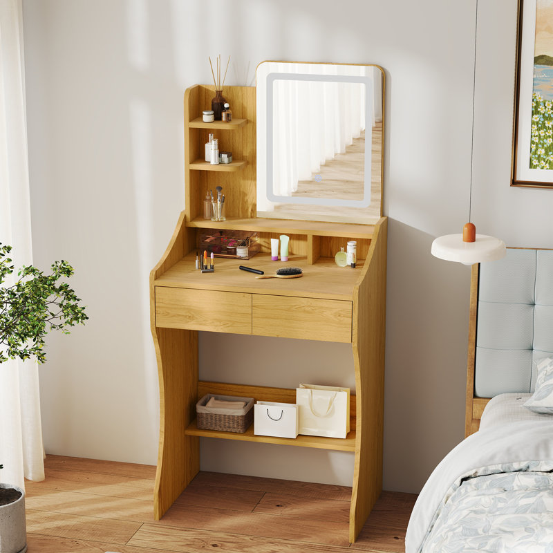 Meuble-lavabo 23,8 po avec miroir éclairé, petit meuble-lavabo à 2 tiroirs pour la chambre à coucher, Jaune