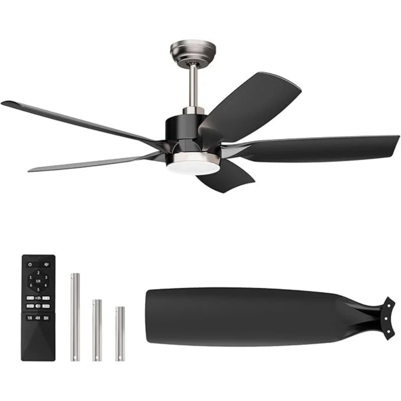 52" 5-Blade Ceiling Fan with Light: Remote, Reversible DC Motor, 6 Speeds, 3-Color LED, Ultra-Quiet (45dB), Timer, Black