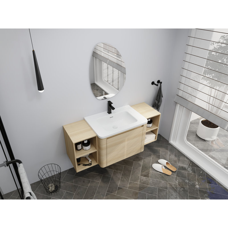 Meuble-lavabo moderne de 52 po avec lavabo intégré en céramique, porte à fermeture en douceur et tablettes ouvertes