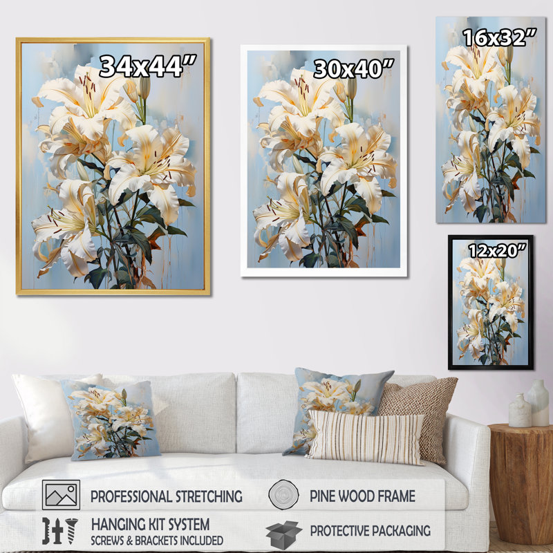 " Lilies Blossoms In Bloom II ", 44" H x 34" W x 1.5" D, White Single Picture Framed