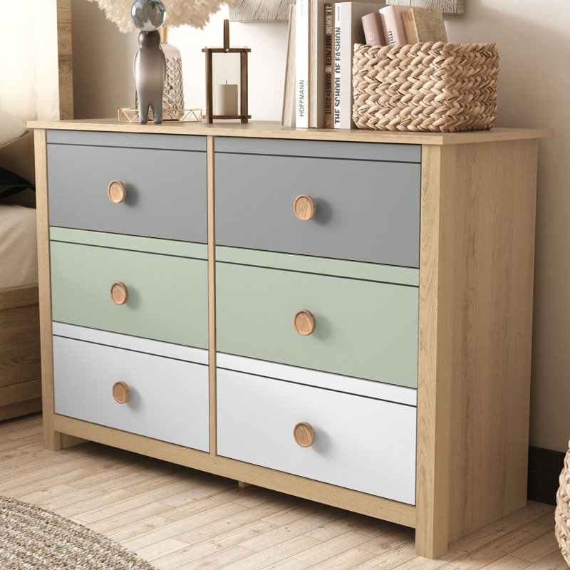 Bustillo 46.1'' W kids 6 -Drawer Dresser, Oslo Oak/Cool Grey/White/Light Green