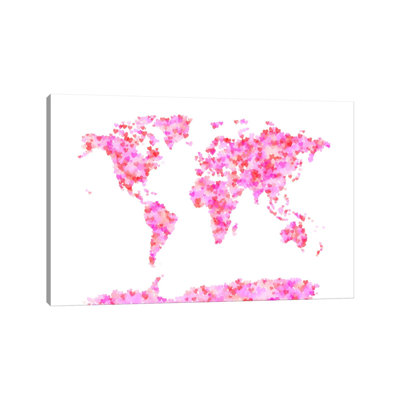Love Hearts Map Of The World by Michael Tompsett - Wrapped Canvas Painting