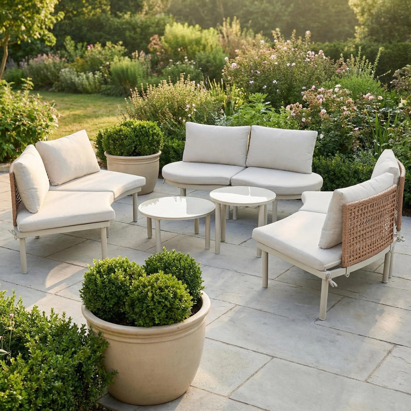 8 - Piece Outdoor Patio Conversation Set With Cushions, Beige Cushion/Beige;Brown Frame