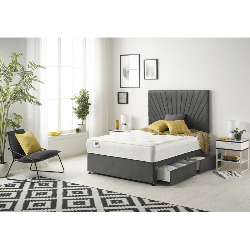 SantaMarina Tweed Fabric Divan Bed with Open Coil Memory Foam Mattress No Headboard, Super King (6'), Charcoal, 2 Drawers
