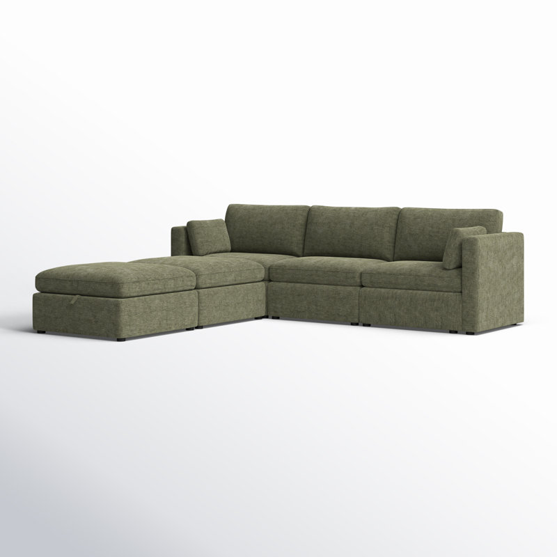 Winfree 112.6" W 5-Piece Modular Sectional with Ottomans, Green Linen Blend