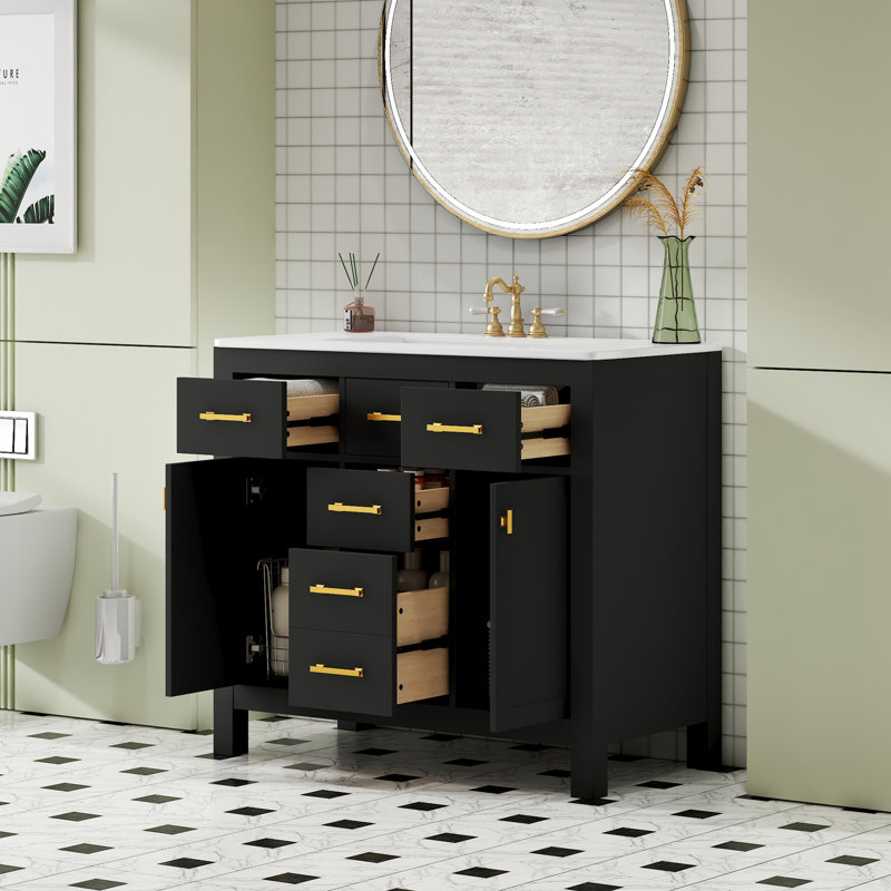 Meuble-lavabo 36 po avec lavabo en céramique, Noir