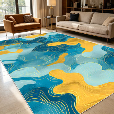 1PC Abstract Swirl Marbled Teal & Mustard Yellow area rugs for Living Room, Soft and Comfortable, Suitable for all seasons, easy-to-maintain, machine washable, suitable for dining room, bedroom, entryway, kitchen, patio, Home Decor, Outdoor Decor.