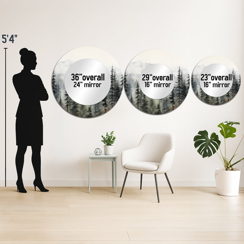 Pin, Misty Mountain II - grand miroir en pin, décor de miroir mural rond traditionnel, 23 po x 23 po