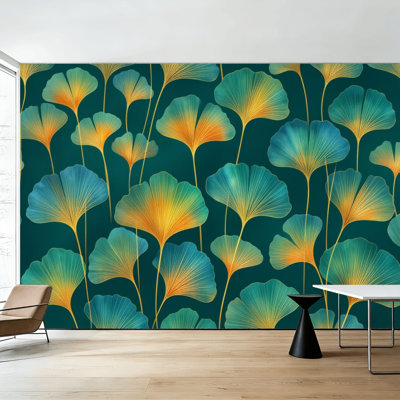 Peel and Stick Wallpaper Elegant Ginkgo Leaf Green Gold Tones Wall Murals 100"H x 144"W Removable PVC Wall Paper Self-Adhesive Wall Decor for Bedroom Living Room Home Office
