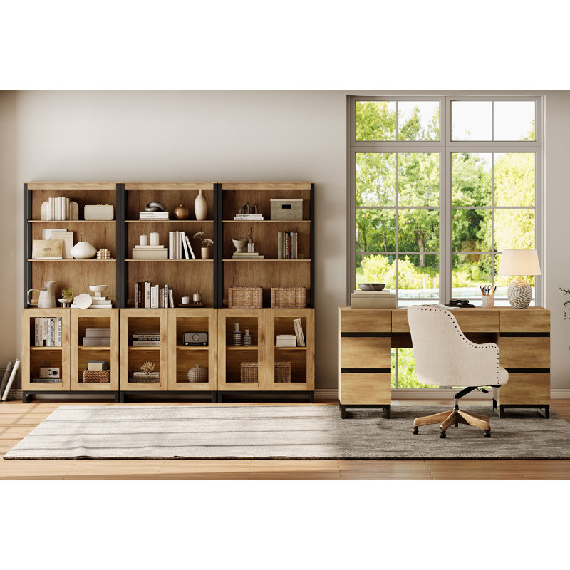  Ensemble de bureau personnel: bureau moderne de 59 po avec station de charge et armoire de rangement, trois bibliothèques de 72 po de hauteur avec tablettes réglables, bureau d'ordinateur en bois et armoire de rangement pour bibliothèque