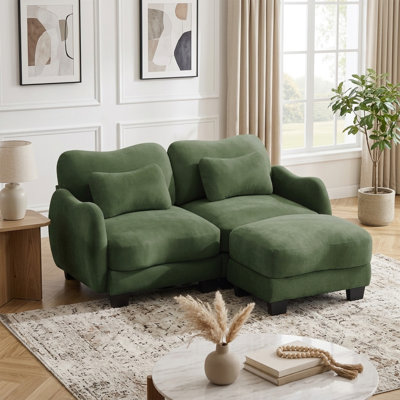 71" Modern Ergonomic Curve L-Shaped Loveseat Sofa with Movable Ottoman and Green Chenille
