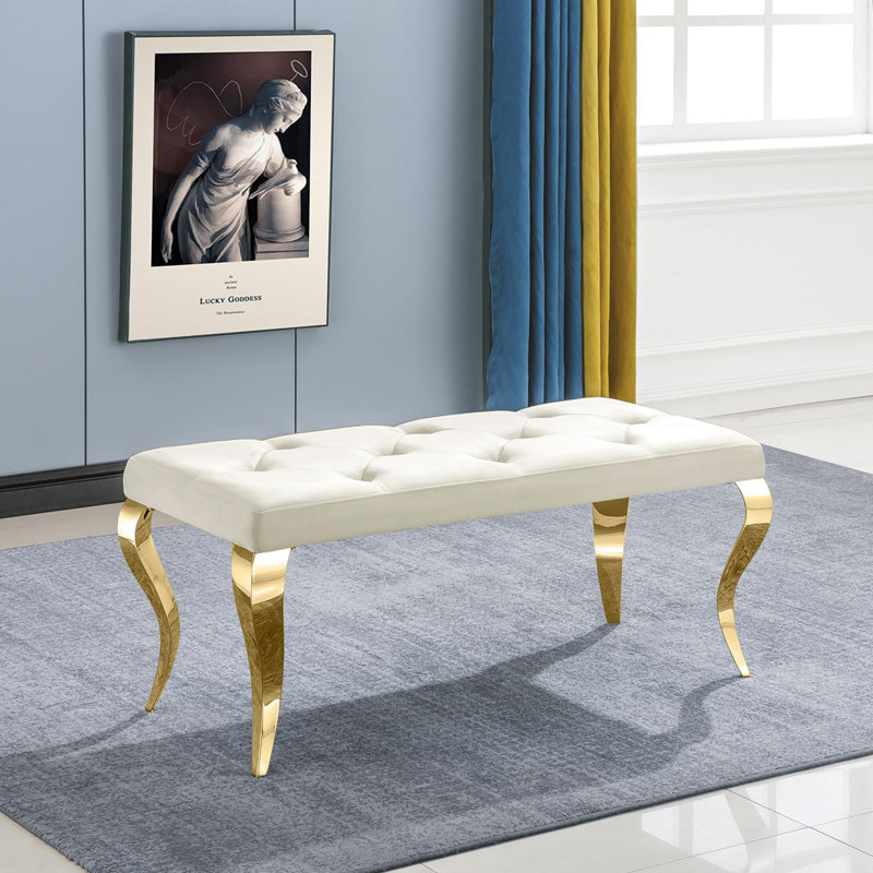 Banc en velours beige avec pieds en cabriole, Blanc / Doré