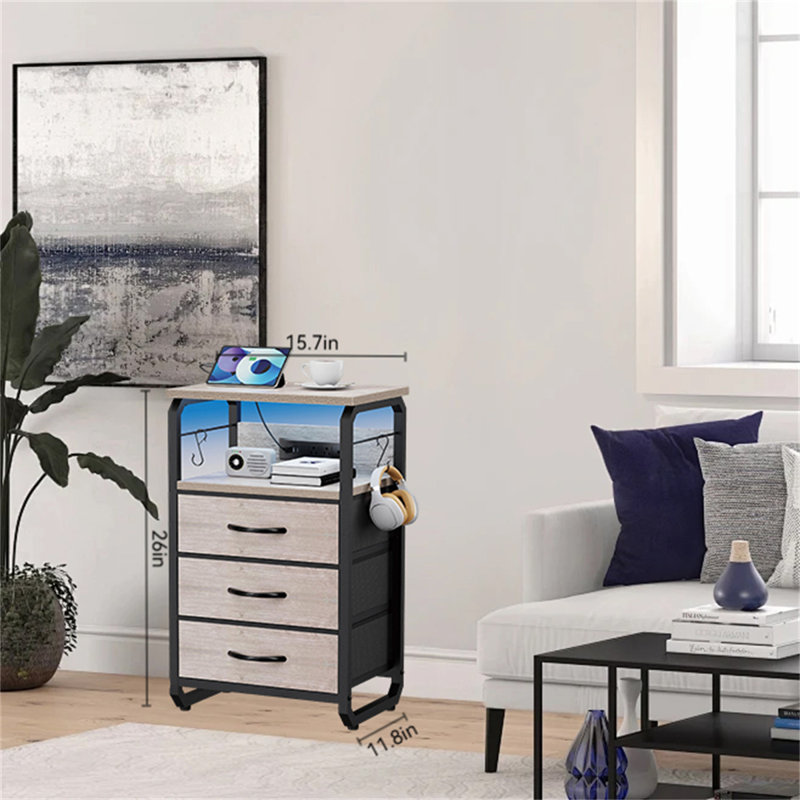 Multifunctional LED Nightstand With Charging Station & Storage, Greige/Black