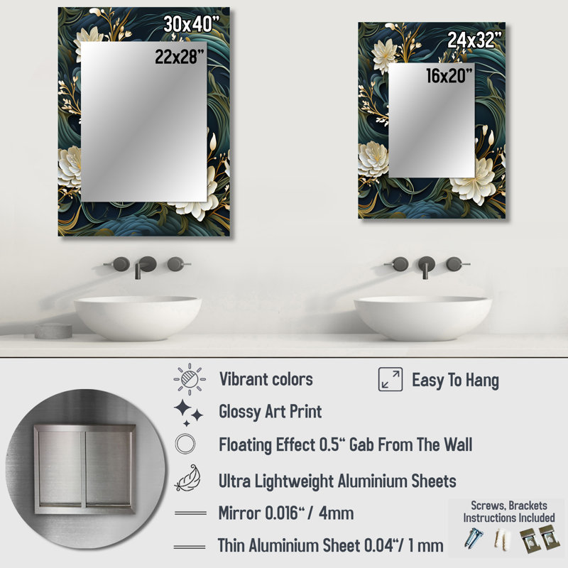 Bessellieu Graceful Floral Essence Of Zen - Floral Decorative Mirror, Floral Wall Mirror, Printed Metal Art, 40" x 30"
