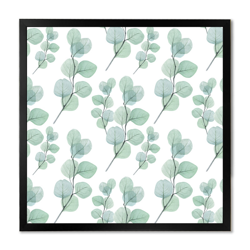 Branches d'eucalyptus sur blanc IV - Peinture sur toile, Cadre d'angle fermé noir, H 16 po x l 16 po x P 1 po