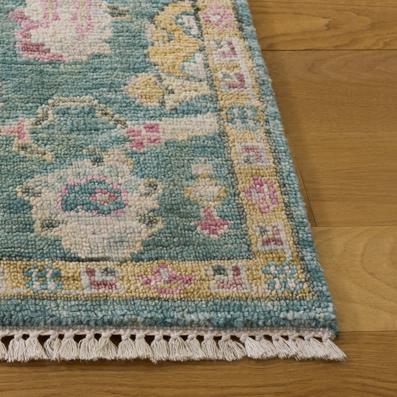 Samarkand 401 laine nouée à la main; Tapis oriental en coton vert / rose, Rectangle 8 pi x 10 pi