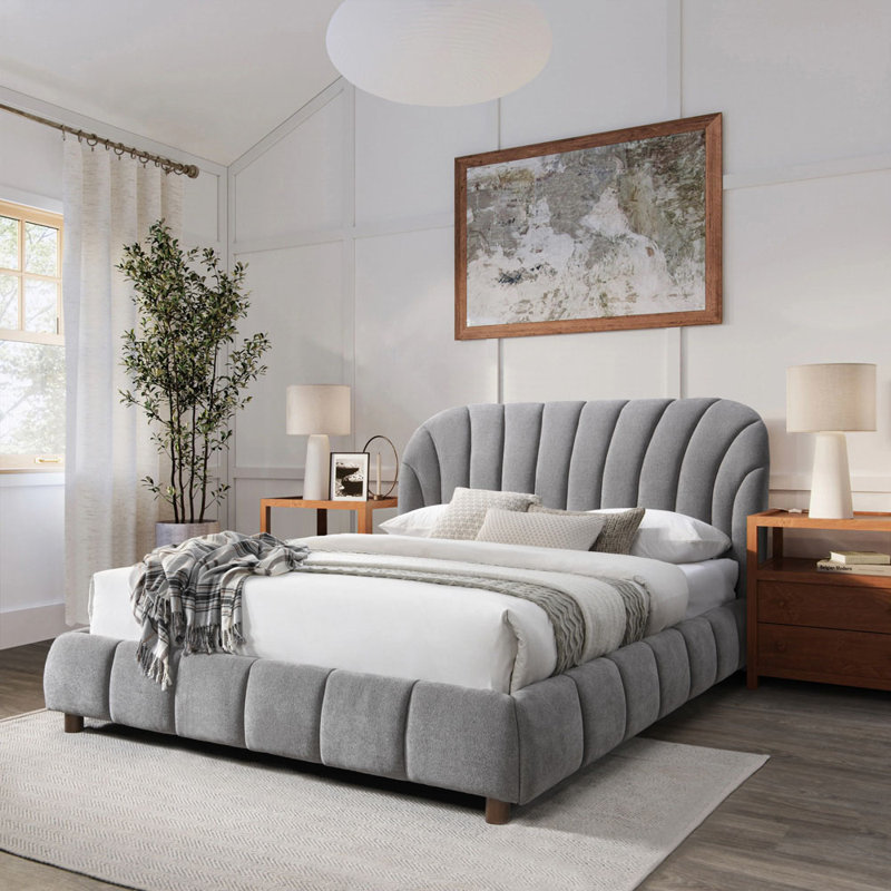 Upholstered Wingback Bed, Queen, Dark Gray/Walnut