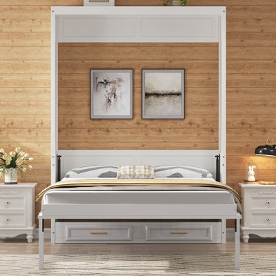 Lit escamotable peu encombrant avec 2 tiroirs, fabrication en bois de pin massif durable et en panneau de fibres à densité moyenne pour une vie moderne