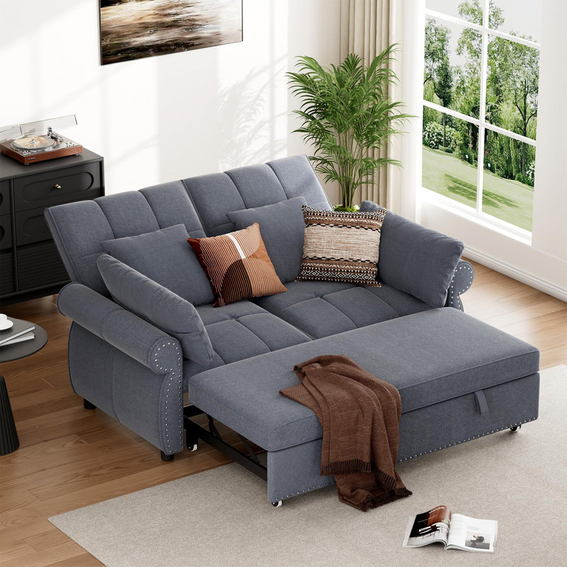 3 In 1 Sofa Bed, 61 Inch Convertible Pull Out Couch With Four Pillows, Gray