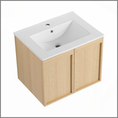 Meuble-lavabo flottant 24 po avec lavabo, armoire murale moderne en chêne clair, cuve en céramique à bord mince, portes à fermeture en douceur, rangement peu encombrant, installation facile