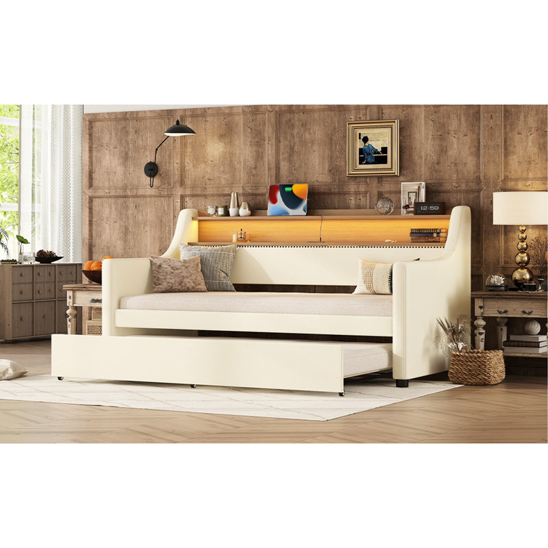 White Twin Daybed With Trundle, Charging Station & Led Lights, And Headboard Storage Shelves Size Upholstered In Station, Lights