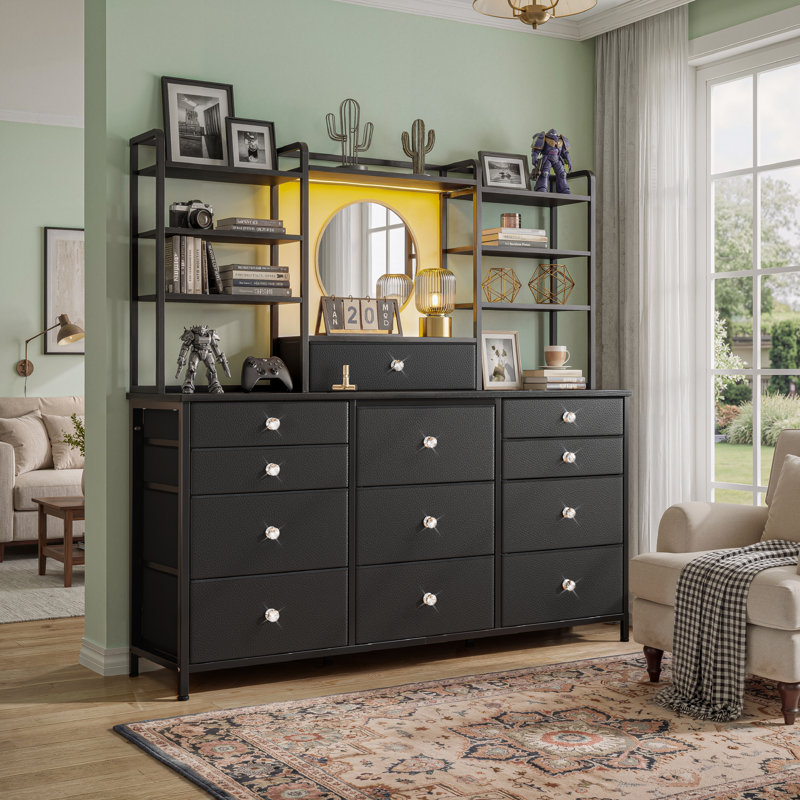 12-Drawer Fabric Storage Dresser with Makeup Vanity and LED Lighting for Bedroom Organization, Black