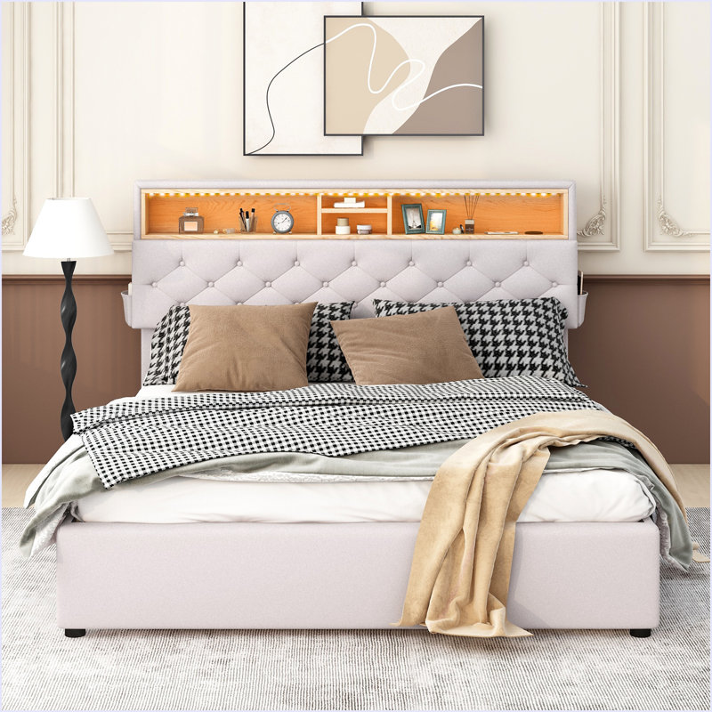 Lit plateforme tapissier avec tête de lit à rangement, DEL, chargement USB et 2 tiroirs, Beige
