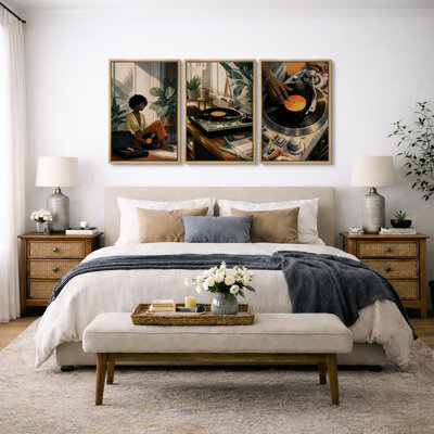 Cozy Vinyl Record Lifestyle Artwork, Retro Music Turntable Home Interior Pictures, Framed Canvas Giclee Print 3 Pieces Wall Art