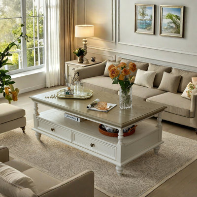 American-style cream-colored all-wood coffee table