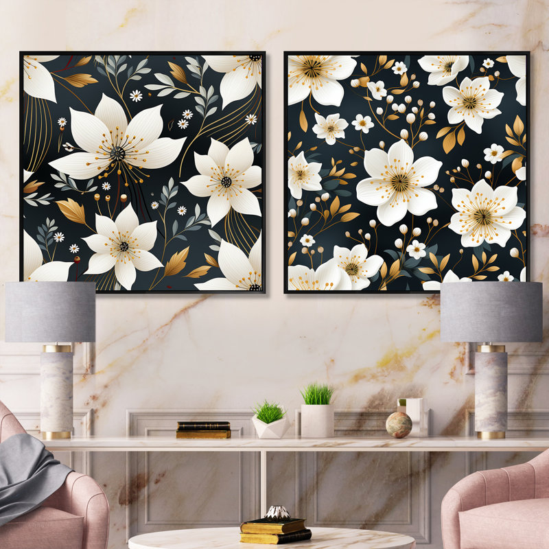 Izzo - Ensemble de 2 collages carrés floraux, Cadre flottant noir, H 30 po x l 61 po