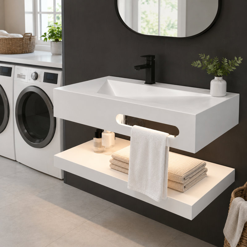 Meuble-lavabo suspendu en résine de pierre de 36 pouces en forme de V avec éclairage DEL activé par le mouvement, tablette ouverte et siphon en P