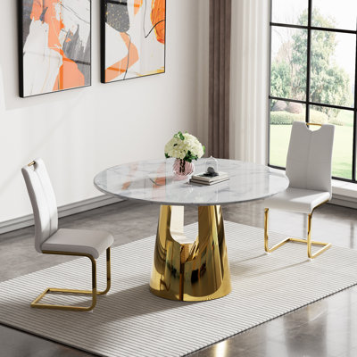5 Piece Round Dining Table Set, 45" Round Marble Dining Table with 4 Dining Chairs, Modern Circle Kitchen Table Set with Hollow-Out Stainless Steel Base, Dining Room Table and Chairs Set