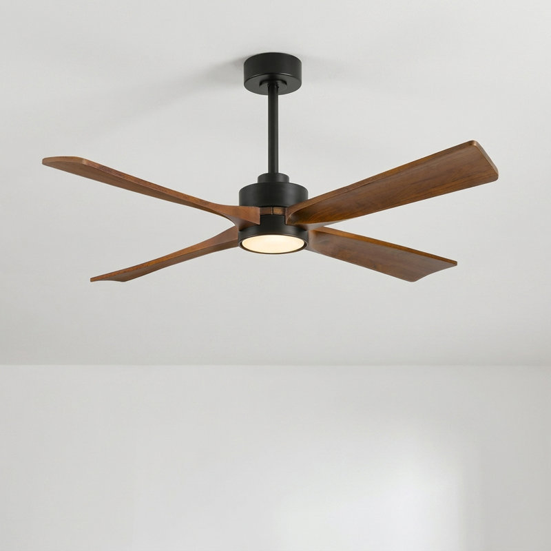 Ventilateur de plafond intelligent de 107 cm avec éclairage, 4 pales en bois massif, télécommande, style champêtre, moteur CC réversible et silencieux, idéal pour le salon et la salle à manger.