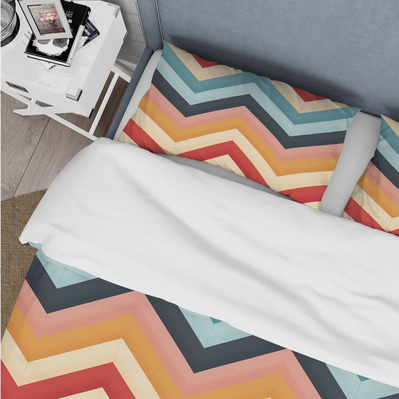 Ensemble de housse de couette rétro en microfibre orange / beige / bleu à motif de chevrons Midcentury II