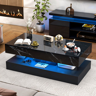 Hanscom High Gloss Marble Coffee Table with LED Lights and Drawers by Ivy Bronx