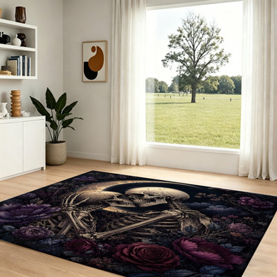 Tapis squelette, motif lune et fleurs, décor de chambre gothique, espace moelleux pour le salon, la chambre à coucher, la maison Boho