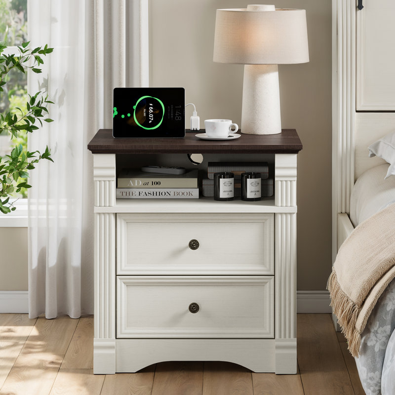 White Nightstand With Charging Station, Farmhouse Wood Bedside Table & End Table With 2 Drawers And Chic Wood Pilasters Design, Side Table Storage Cabinet With Metal Handles For Bedroom